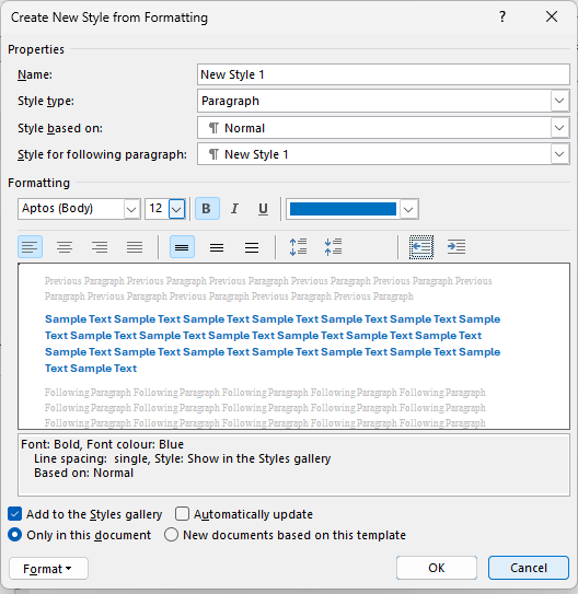 Create New Style options